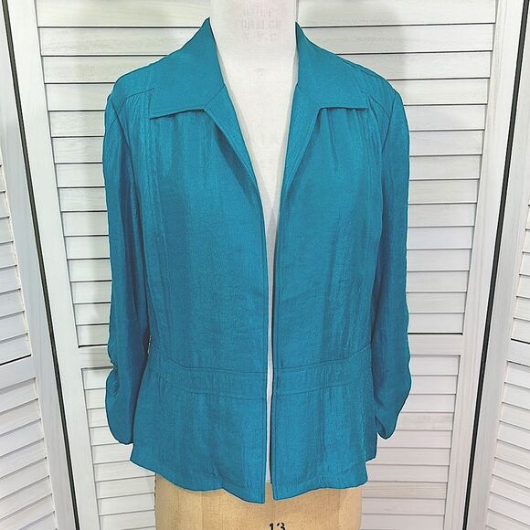 Chico’s Turquoise Peplum Jacket Size 3 (16) XL Sheen Lightweight - Picture 2 of 15
